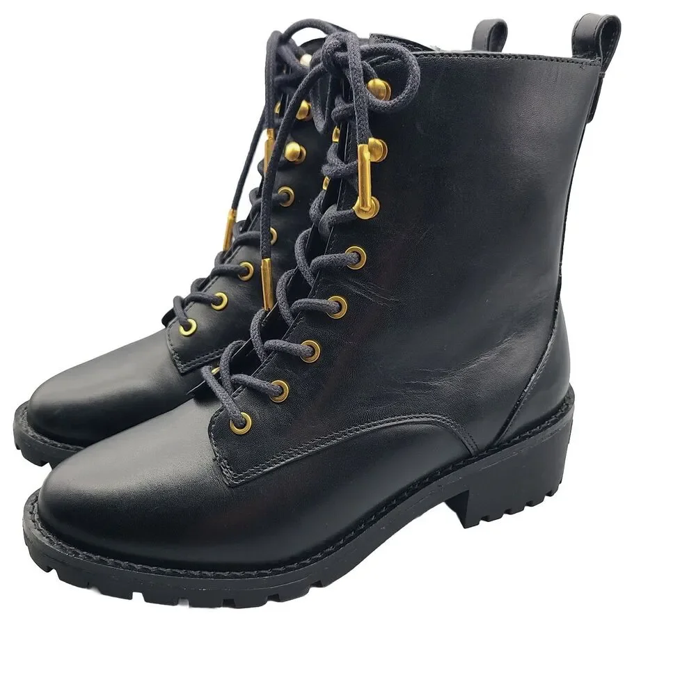 Tory Burch Combat Lug Sole Boots Zipper Lace Up Black Leather Logo US 6 New